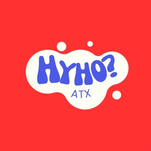 HyHo? ATX logo – red background with bubbly white shape and bold blue text